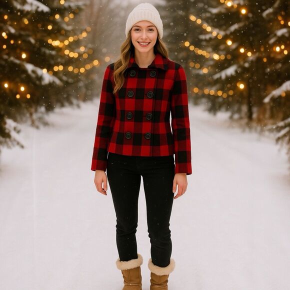 J Crew‎ Womens 2 Red Black Buffalo Plaid Wool Peacoat Fall Lumberjack - Picture 2 of 16